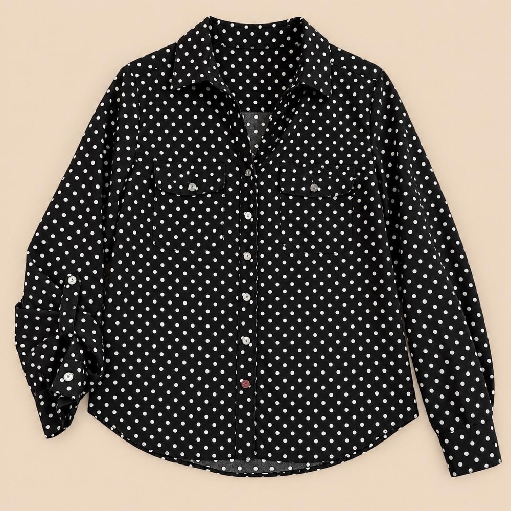 Adrienne Vittadini Black White Polka Dot Button Down Blouse VW31240 Small